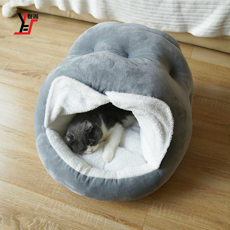 New Short Velvet Mongolian Bag With Door Curtain Plush Comfortable Semi-closed Pet Cat Kennel Supplies