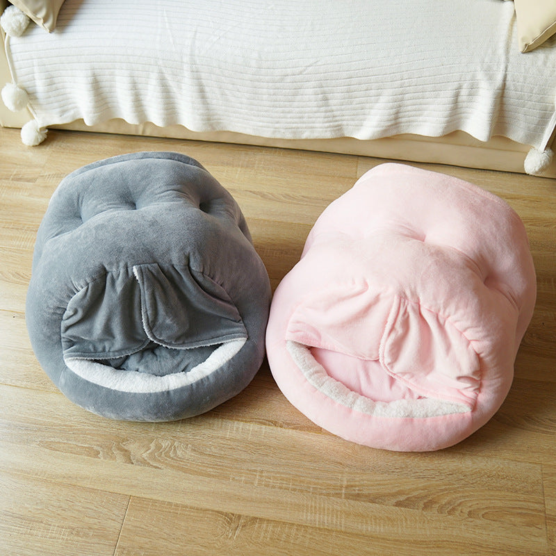 New Short Velvet Mongolian Bag With Door Curtain Plush Comfortable Semi-closed Pet Cat Kennel Supplies