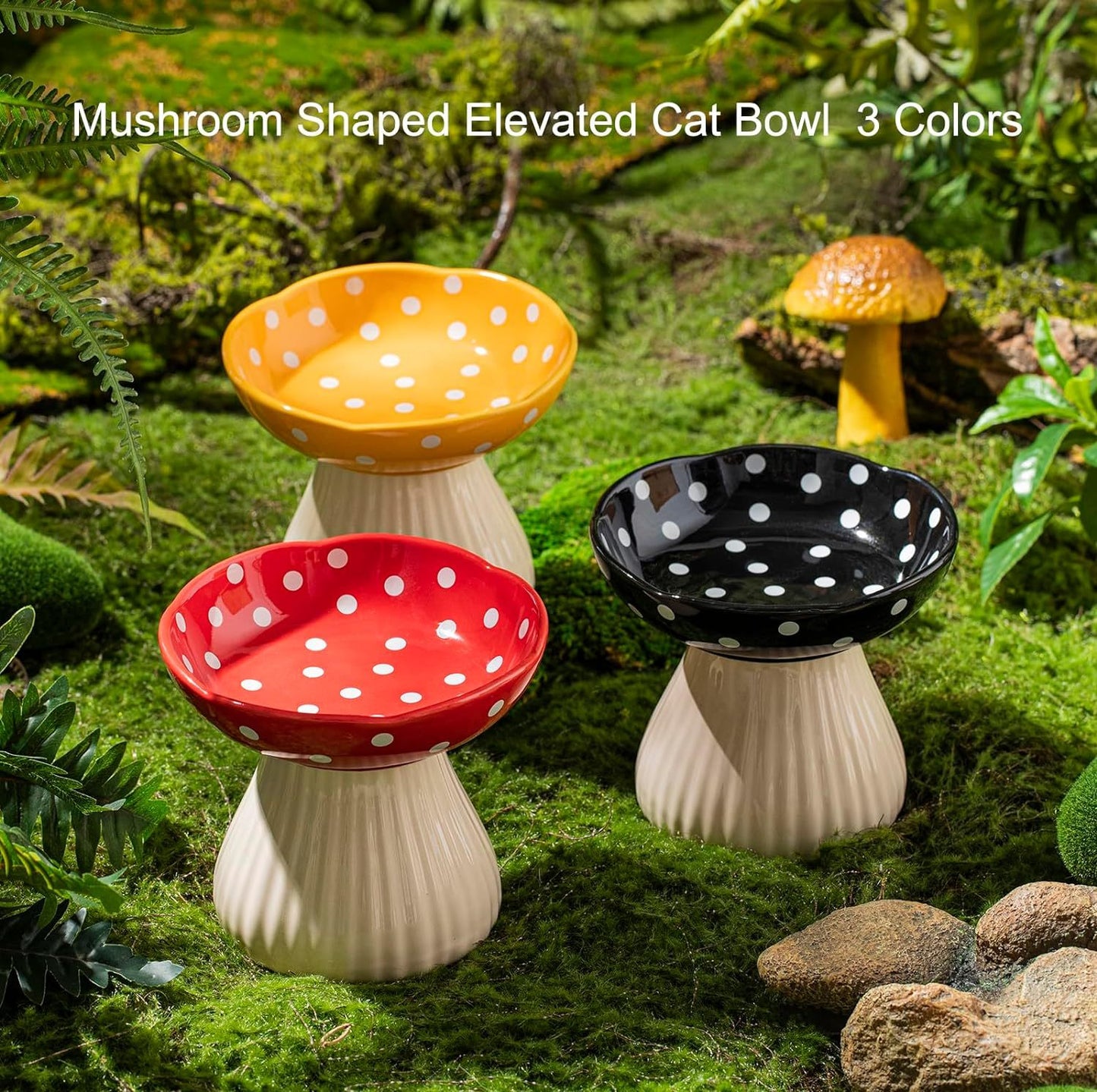 Mushroom Raised Cat Bowl With Cute Polka Dot Design And Safe Ceramic Material For Small Pets