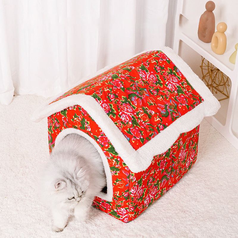Chinese Style Cat Nest For Winter, Warm And Closed Cat House, Safe, Universal, For All Four Seasons, Super Large, Large Flower Jacket