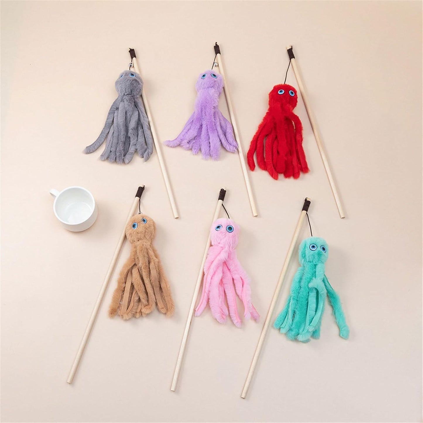 Lovely Toy For Indoor Kitten Cat Furry Octopus Toy With Eyes Long Stick Cat And Kitten Funny Toy