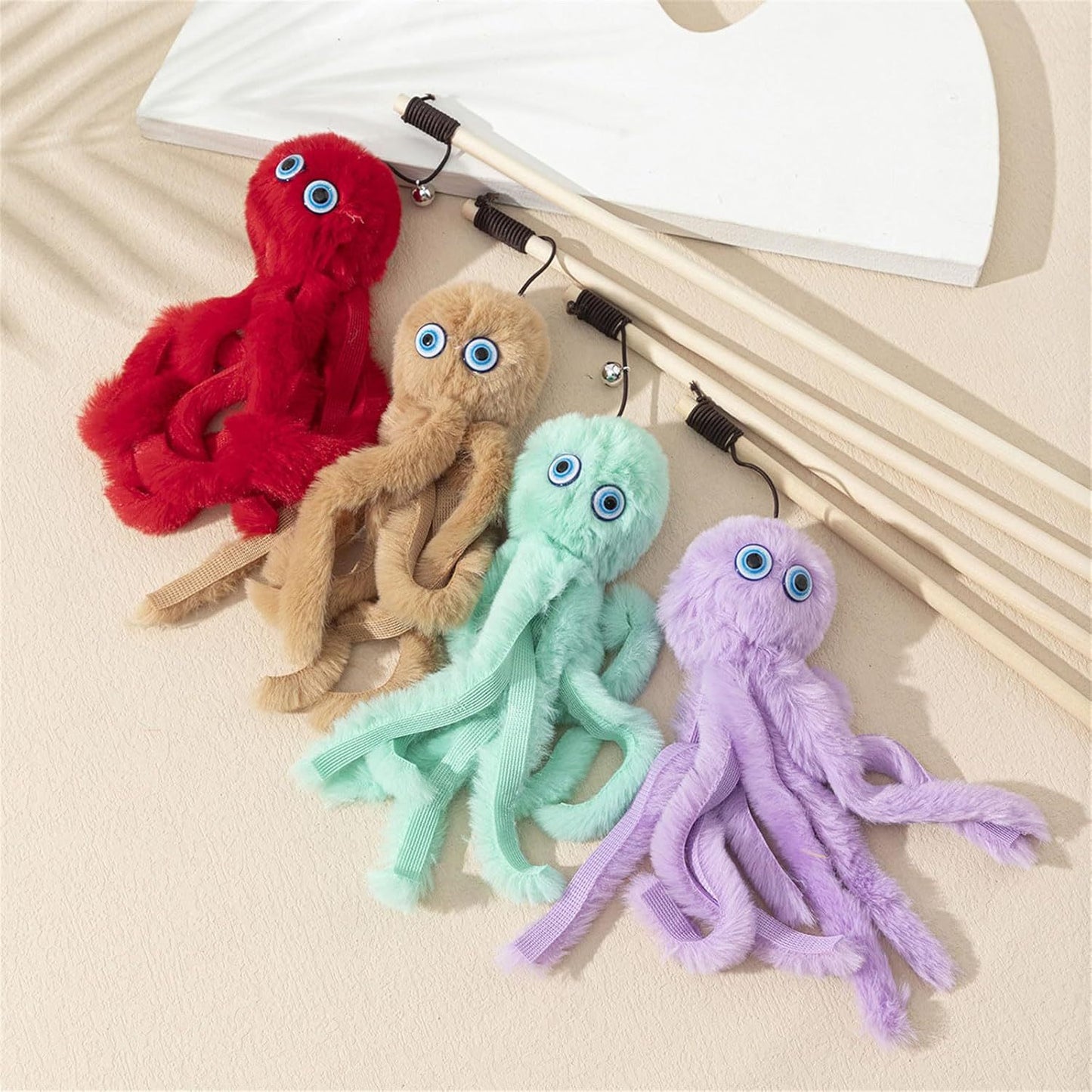 Lovely Toy For Indoor Kitten Cat Furry Octopus Toy With Eyes Long Stick Cat And Kitten Funny Toy