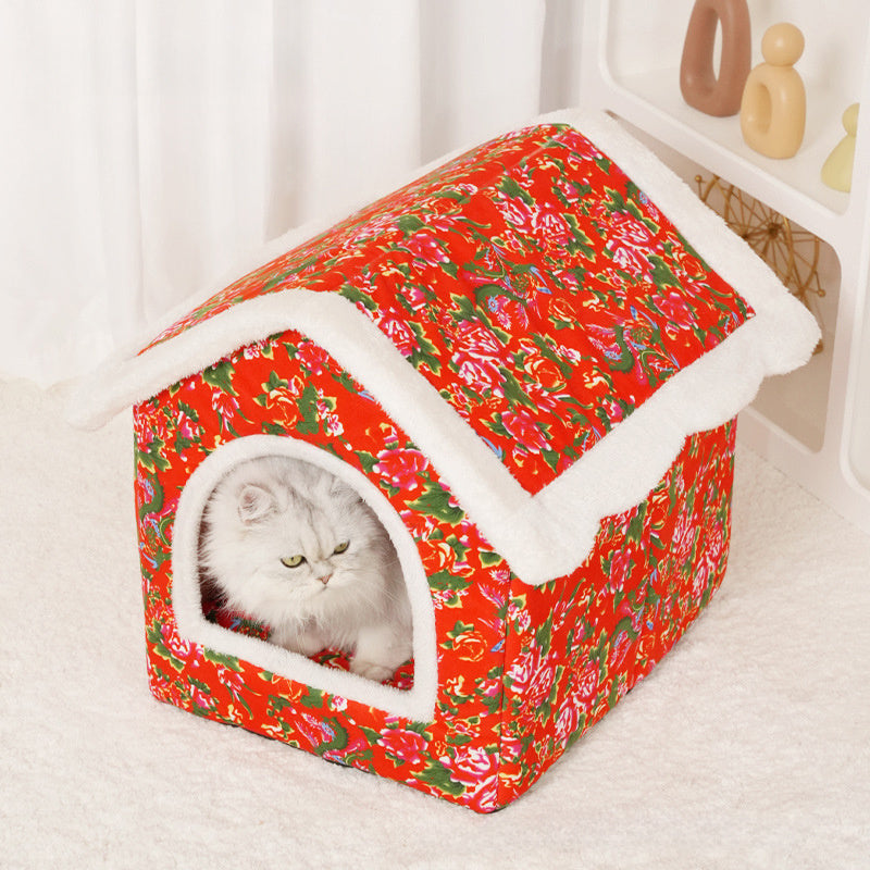 Chinese Style Cat Nest For Winter, Warm And Closed Cat House, Safe, Universal, For All Four Seasons, Super Large, Large Flower Jacket