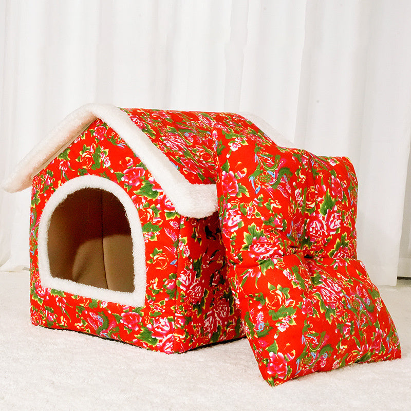 Chinese Style Cat Nest For Winter, Warm And Closed Cat House, Safe, Universal, For All Four Seasons, Super Large, Large Flower Jacket