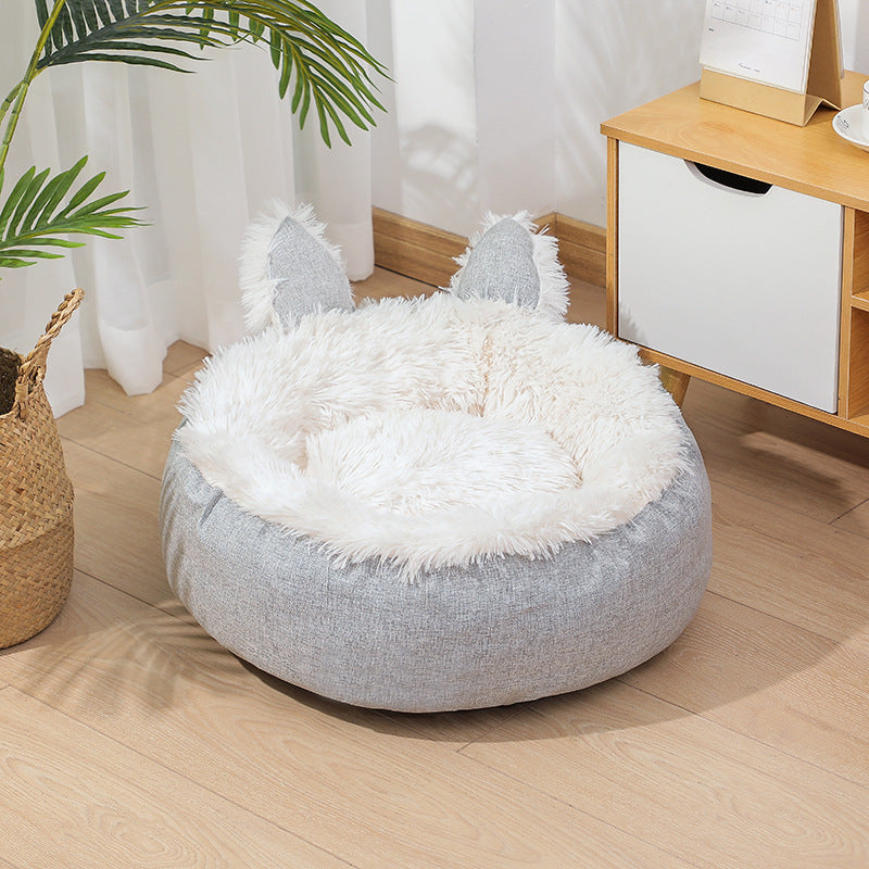 Plush Cat Bed Cat Ear Cat Indoor Hut Furry Cat Crate Cushion Removable Cat Nest Bed With Non-slip Bottom For Cold Weather