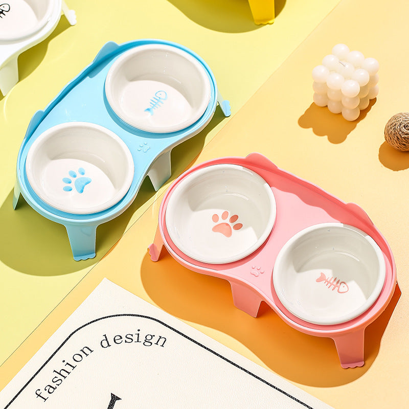 Cat Food And Water Bowl Set Ceramic Pet Bowl Set Elevated Tilted Bowl With Stand Indoor Cat Dishes Bowl With Hook Design Water
