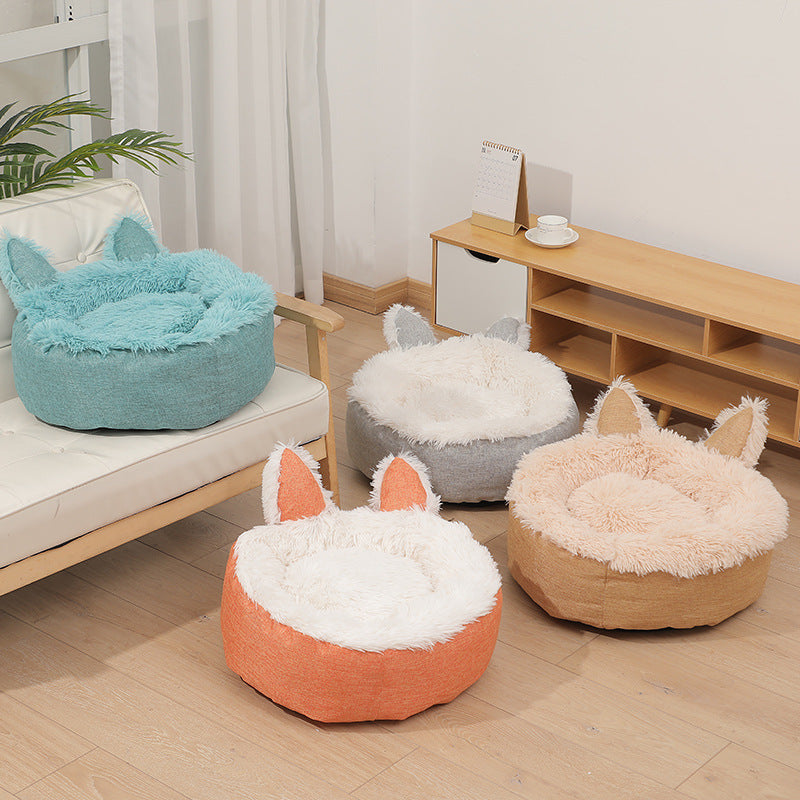 Plush Cat Bed Cat Ear Cat Indoor Hut Furry Cat Crate Cushion Removable Cat Nest Bed With Non-slip Bottom For Cold Weather