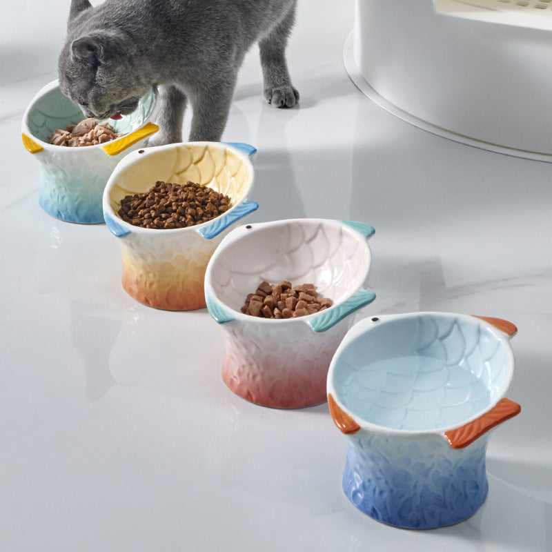 Ceramic Cat Feeder Fish Shape Elevated Bowls Shallow Angled Non Slip Whisker Fatigue Bowl Tilted Pet Feeder