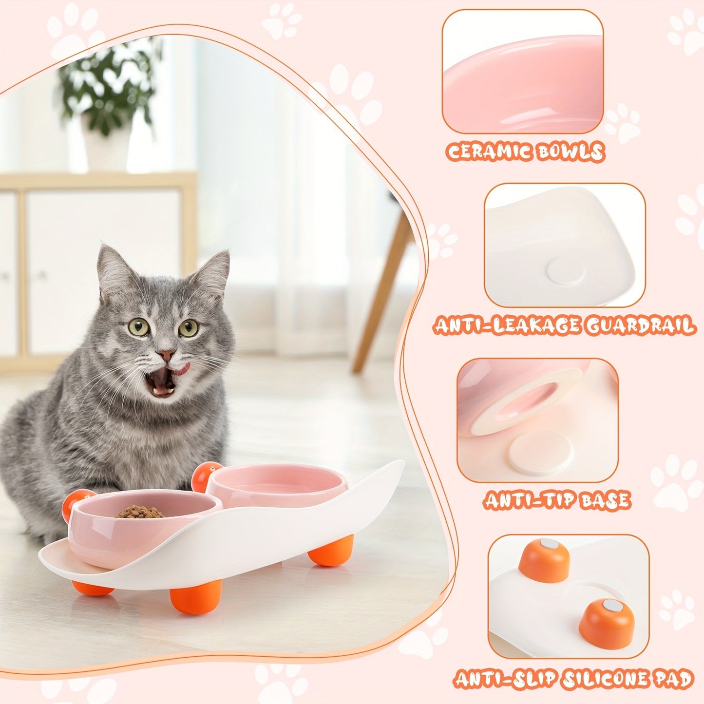 Elevated Ceramic Bowl For Cat Food Double Raised Bowl With Non Slip Support 2 Bowls For Cat Food And Water Washable Ceramic Bowl For Small Dogs Puppies And Cats Indoors