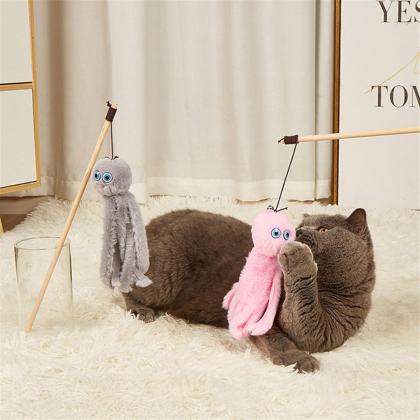 Lovely Toy For Indoor Kitten Cat Furry Octopus Toy With Eyes Long Stick Cat And Kitten Funny Toy