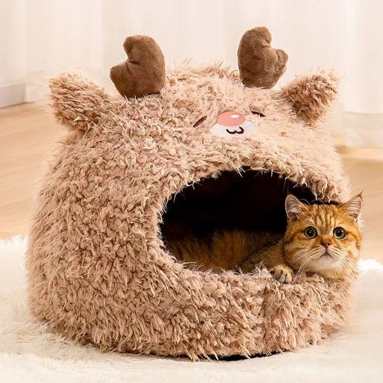 Semi Closed Pet Cat Nest Dog Sleeping Nest Warm Winter Yurt Plush Animal Models Cute Pet Velvet Nest