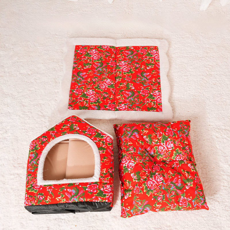 Chinese Style Cat Nest For Winter, Warm And Closed Cat House, Safe, Universal, For All Four Seasons, Super Large, Large Flower Jacket