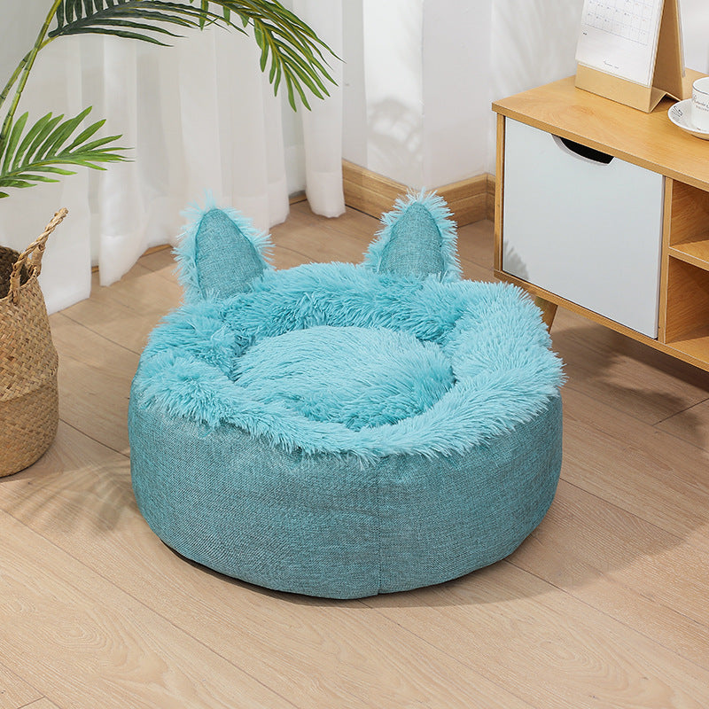 Plush Cat Bed Cat Ear Cat Indoor Hut Furry Cat Crate Cushion Removable Cat Nest Bed With Non-slip Bottom For Cold Weather