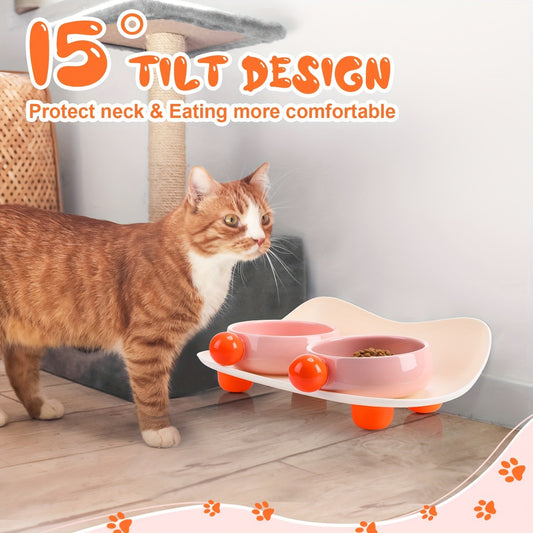 Elevated Ceramic Bowl For Cat Food Double Raised Bowl With Non Slip Support 2 Bowls For Cat Food And Water Washable Ceramic Bowl For Small Dogs Puppies And Cats Indoors