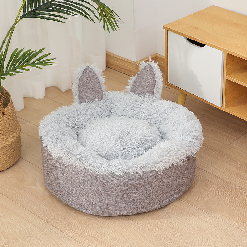 Plush Cat Bed Cat Ear Cat Indoor Hut Furry Cat Crate Cushion Removable Cat Nest Bed With Non-slip Bottom For Cold Weather
