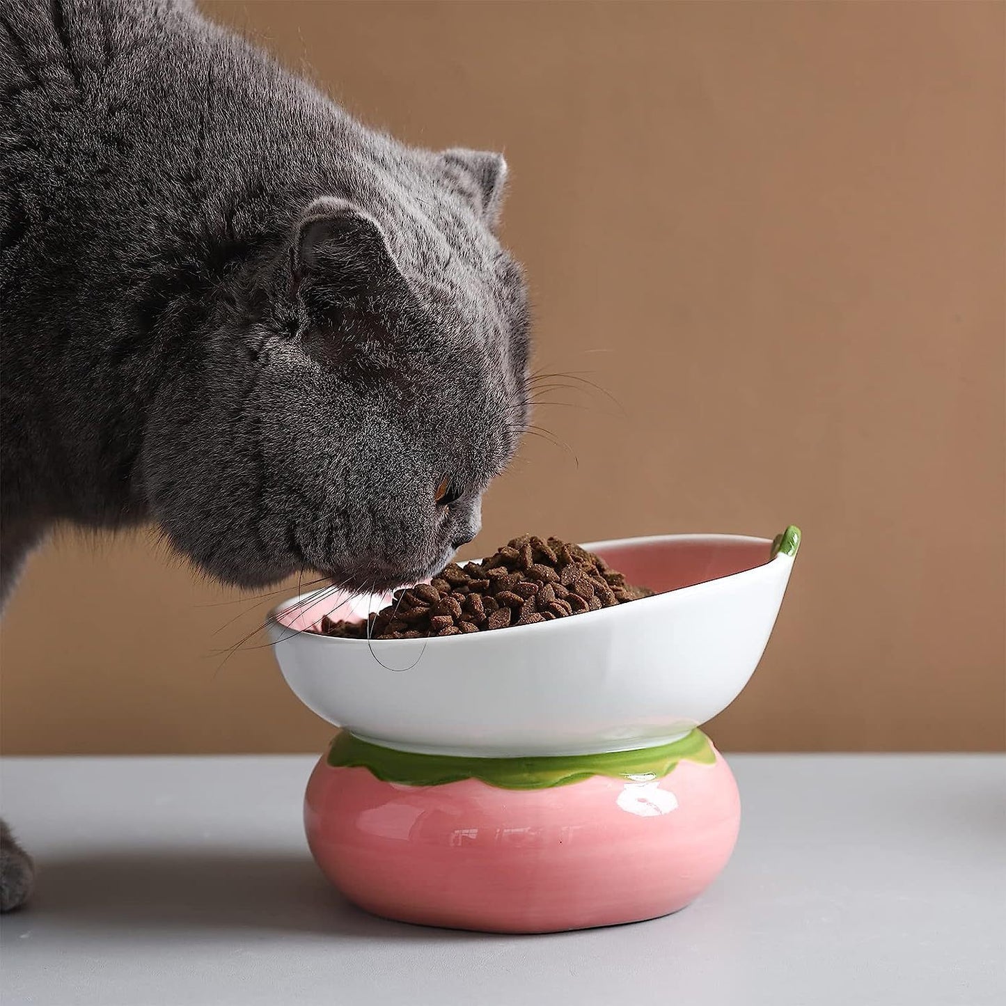 Ceramic Raised Cat Food Bowl - Pink Elevated Dish For Indoor Cats With Anti-Vomiting And Spinal Protection