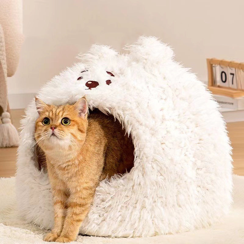 Semi Closed Pet Cat Nest Dog Sleeping Nest Warm Winter Yurt Plush Animal Models Cute Pet Velvet Nest