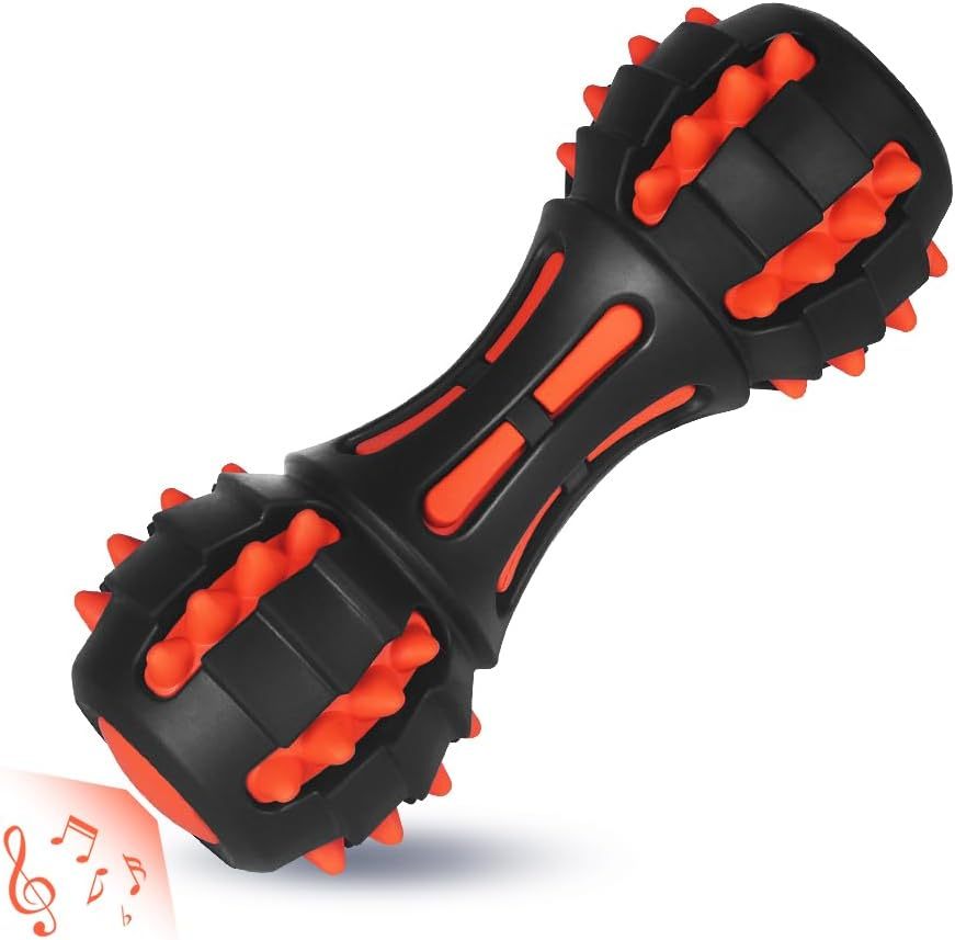 Dog Squeaky Toys For Aggressive Chewers Almost Indestructible Squeaky Toys For Dogs Teething Chew Toys For Medium Large Breed Durable Rubber Dog Toy Dumbbell Shape