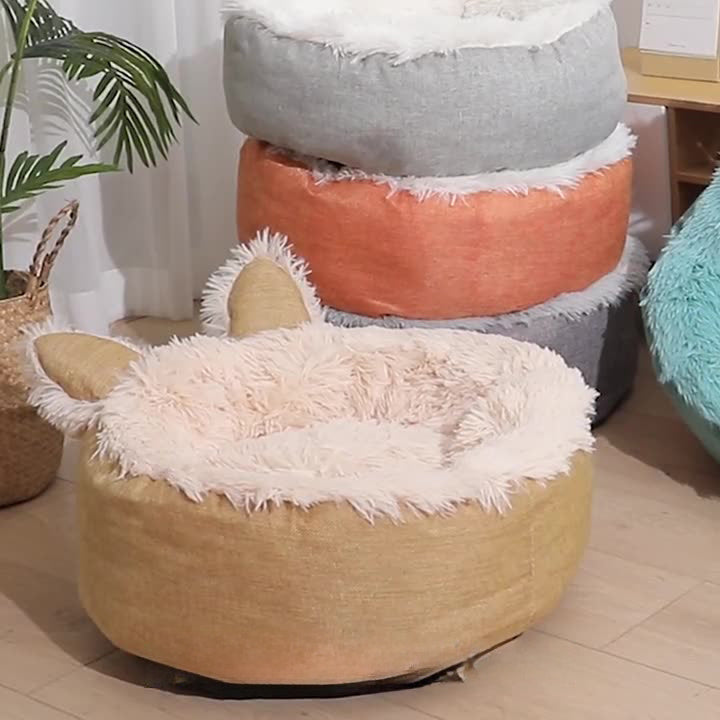 Plush Cat Bed Cat Ear Cat Indoor Hut Furry Cat Crate Cushion Removable Cat Nest Bed With Non-slip Bottom For Cold Weather