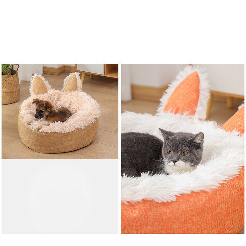 Plush Cat Bed Cat Ear Cat Indoor Hut Furry Cat Crate Cushion Removable Cat Nest Bed With Non-slip Bottom For Cold Weather