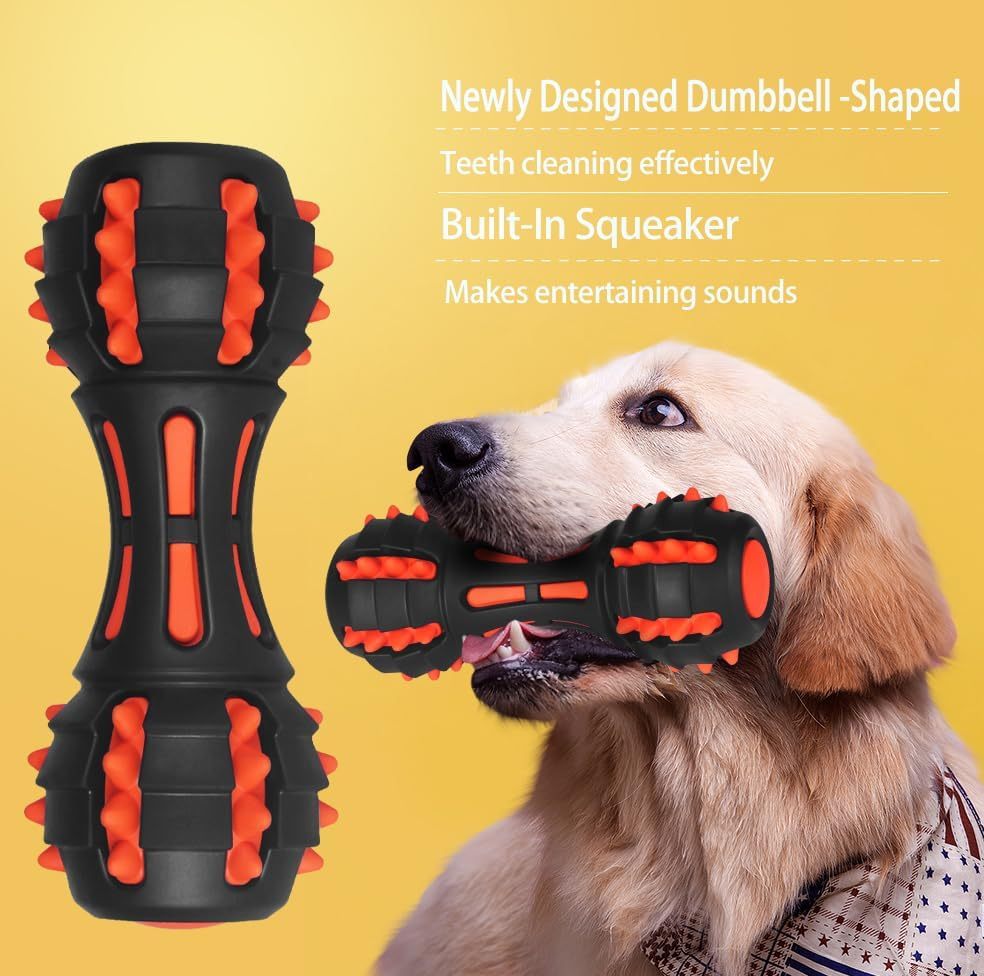 Dog Squeaky Toys For Aggressive Chewers Almost Indestructible Squeaky Toys For Dogs Teething Chew Toys For Medium Large Breed Durable Rubber Dog Toy Dumbbell Shape