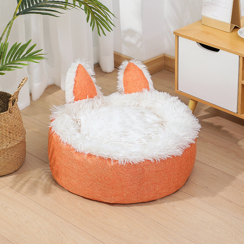 Plush Cat Bed Cat Ear Cat Indoor Hut Furry Cat Crate Cushion Removable Cat Nest Bed With Non-slip Bottom For Cold Weather