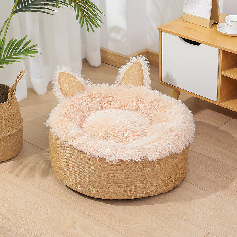 Plush Cat Bed Cat Ear Cat Indoor Hut Furry Cat Crate Cushion Removable Cat Nest Bed With Non-slip Bottom For Cold Weather