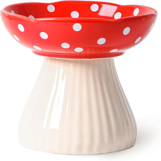 Mushroom Raised Cat Bowl With Cute Polka Dot Design And Safe Ceramic Material For Small Pets