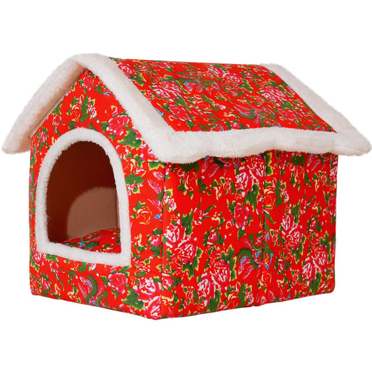 Chinese Style Cat Nest For Winter, Warm And Closed Cat House, Safe, Universal, For All Four Seasons, Super Large, Large Flower Jacket
